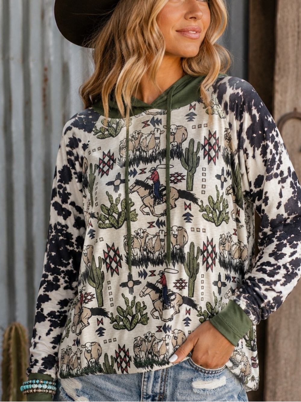 Crazy Train Ride The Moon Blanchard Top | Cow Print Western Hoodie | M